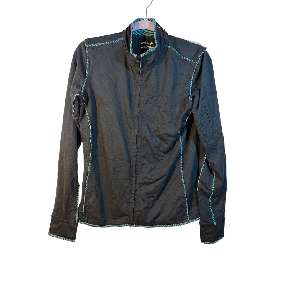 BCG‎ Womens Black Full Zip Athletic Jacket Teal Zebra Trim Pocket Large